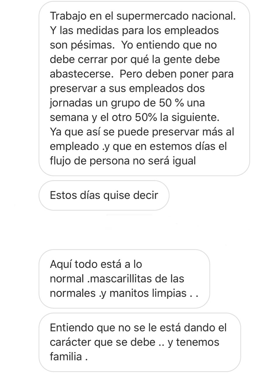 Empleados del Supermercado Nacional preocupados por pocas medidas ante el Covid-19