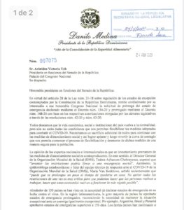 Danilo Medina solicita extención de estado de emergencia