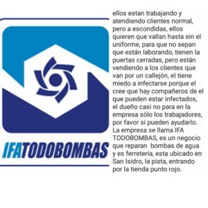 Denuncian que la empresa "IFA Todo Bombas" siguen laborando a pesar de no estar autorizados