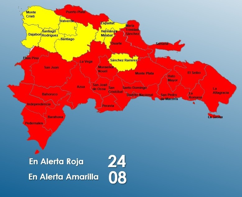 COE aumenta a 24 las provincias en alerta roja por tormenta Franklin