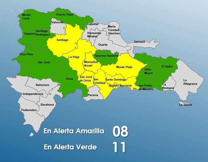 COE dispone alertas amarilla y verde por lluvias para 19 provincias
