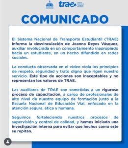 TRAE desvincula a una auxiliar por comportamiento inadecuado hacia un estudiante