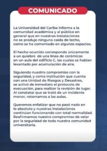 Unicaribe desmiente desplome de techo en sus intalaciones como se rumora