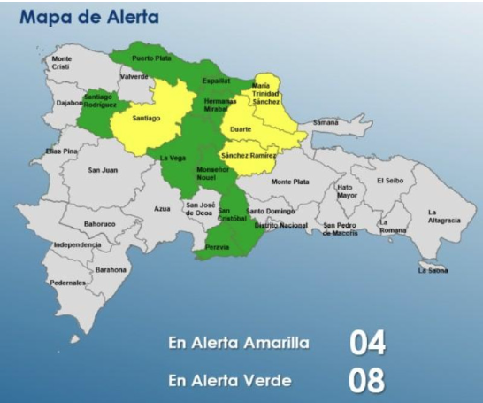 COE coloca cuatro provincias en alerta amarilla y ocho en verde por vaguada